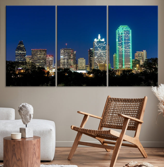 Dallas City Lights Night Blue Skyline Cityscape View Wall Art Impression sur toile