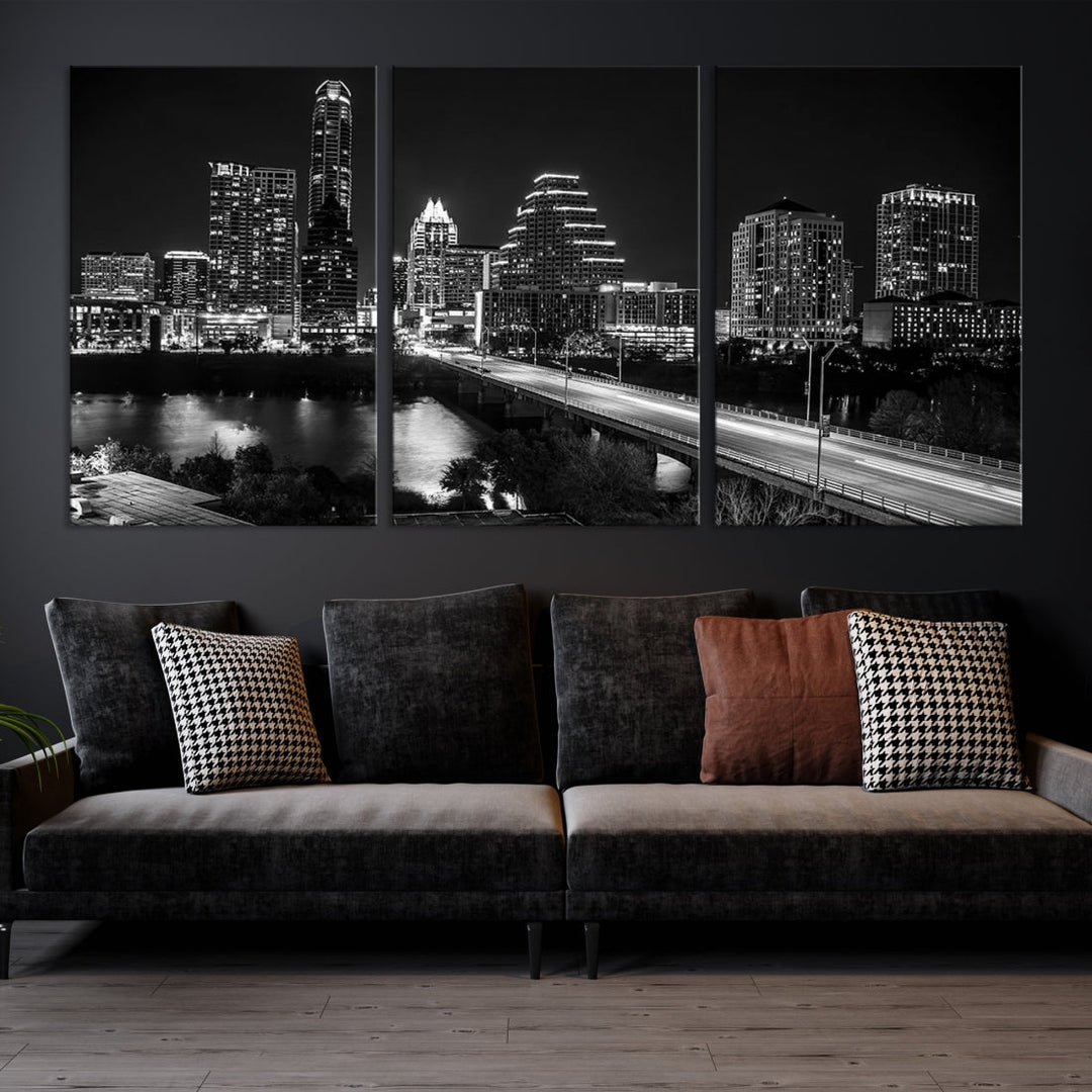 Austin City Lights Skyline Art mural noir et blanc Paysage urbain Impression sur toile