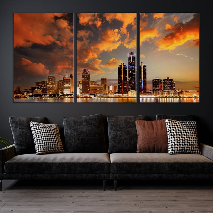 Detroit City Lights Coucher de soleil Orange Nuageux Skyline Paysage urbain Vue Art mural Impression sur toile