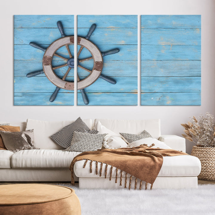 Arte de pared náutico con volante de barco antiguo, impresión en lienzo, arte vintage, rueda de barco, arte de vela enmarcado listo para colgar, pintura de pared de varios paneles, impresión grande