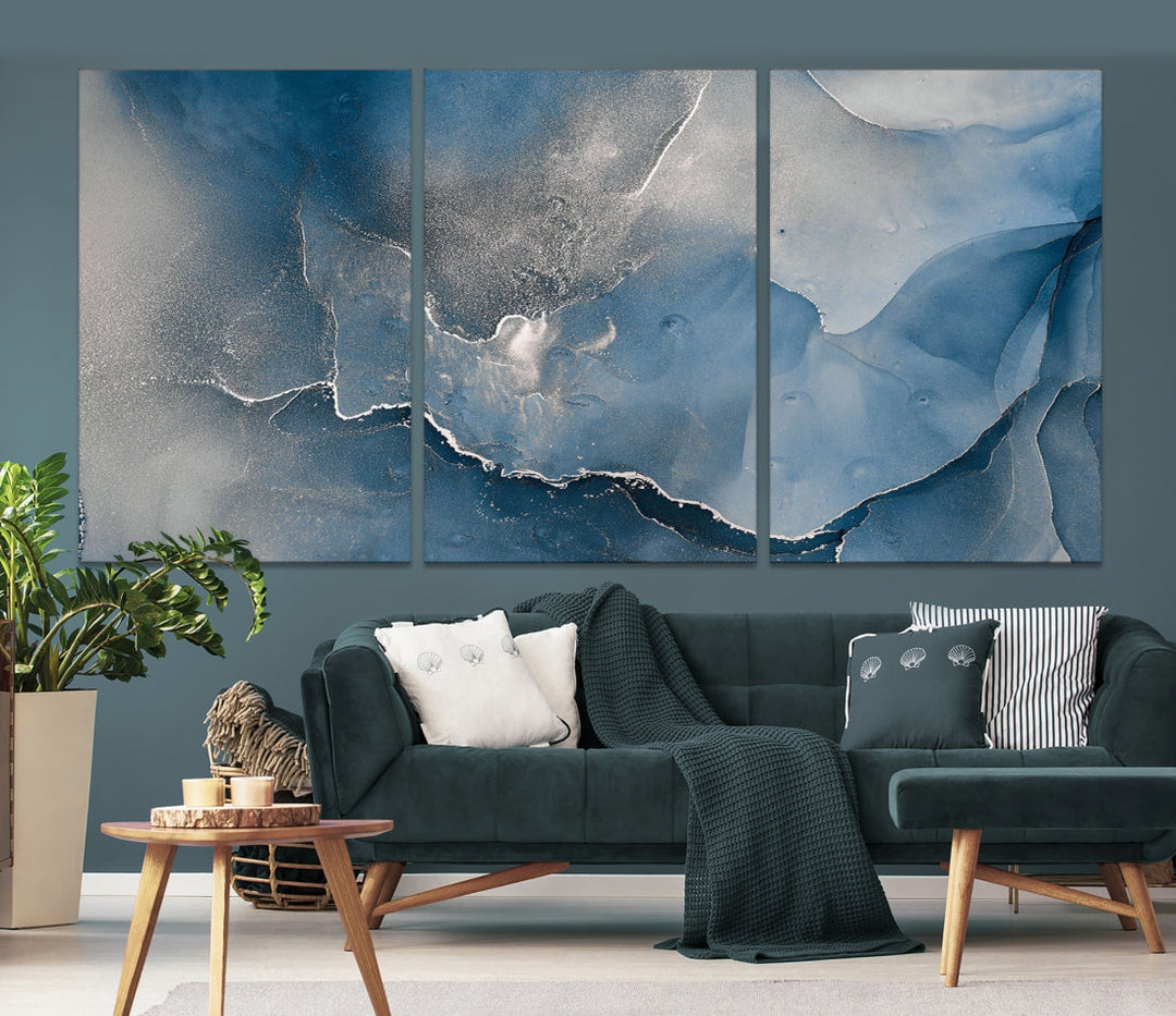 Arte de pared grande con efecto fluido de mármol gris azul, lienzo abstracto moderno, impresión artística de pared