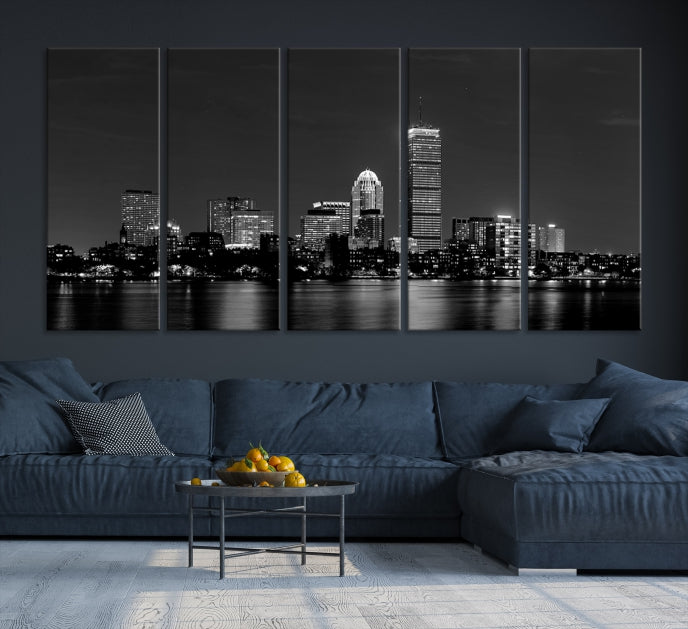 Boston City Lights Skyline Art mural noir et blanc Paysage urbain Impression sur toile
