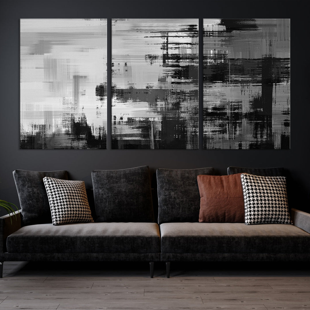 Peinture abstraite d’art mural sur toile noire en niveaux de gris