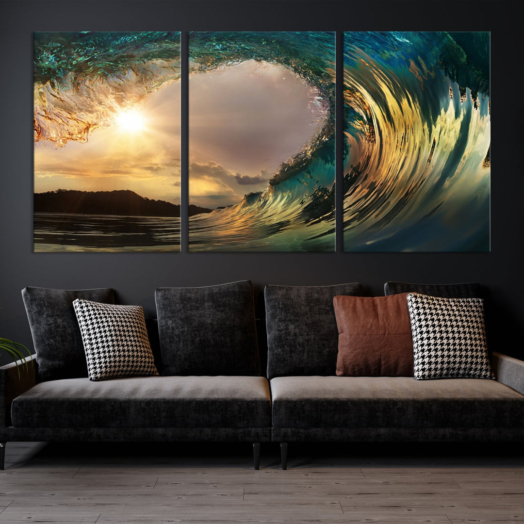 Surfing Big Wave on Ocean Canvas Wall Art Beach Canvas Sunset Artwork Print para sala de estar, decoración de la oficina en el hogar, arte de la pared de la playa, arte de la pared del mar