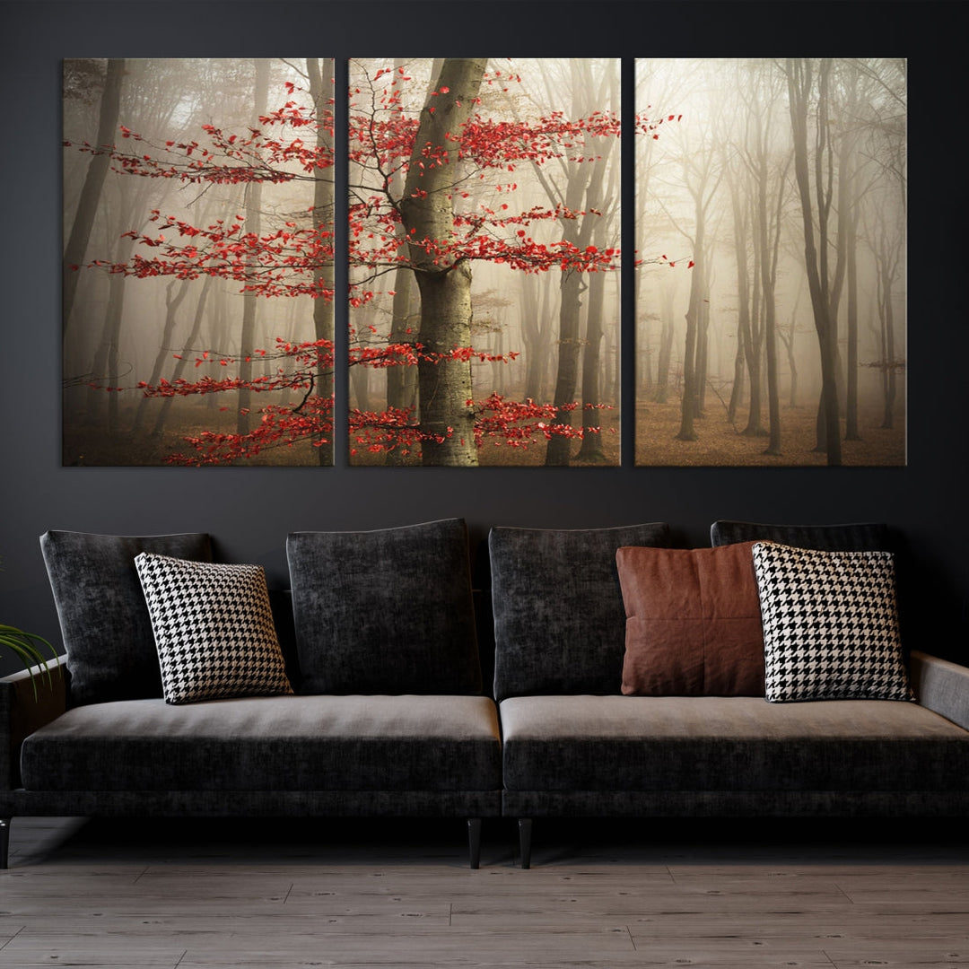 Red Forest Tree Leaves Wall Art Canvas