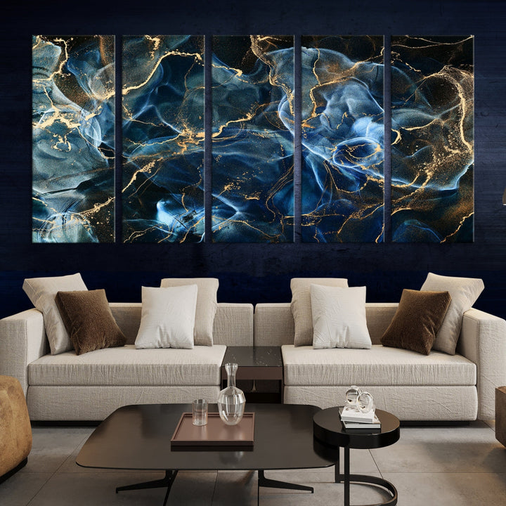 Navy Blue and Smokey Marble Fluid Effect Wall Art Abstract Canvas Wall Art Print