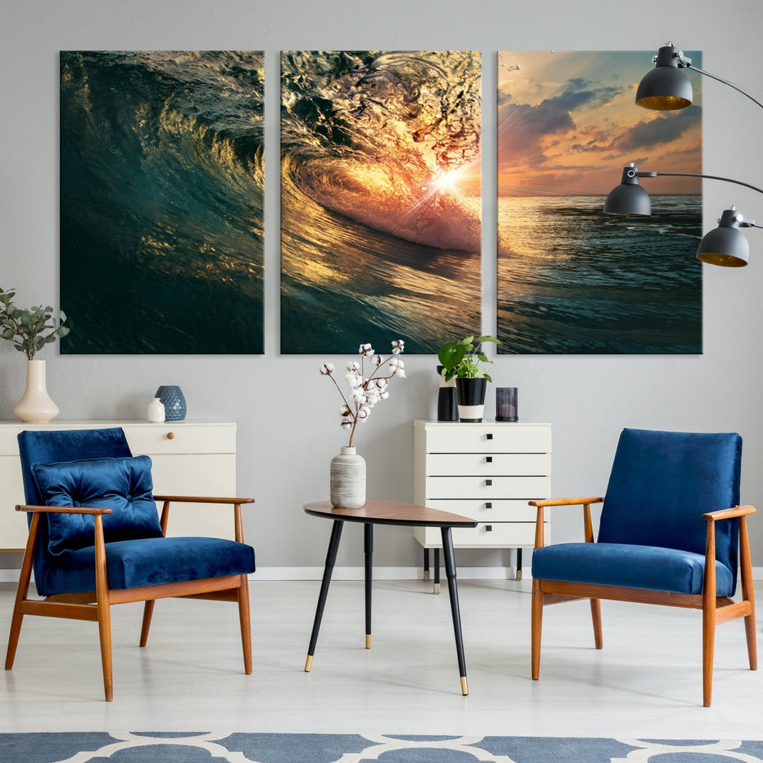 Sunset Surfing Wave on Ocean Canvas Wall Art Print