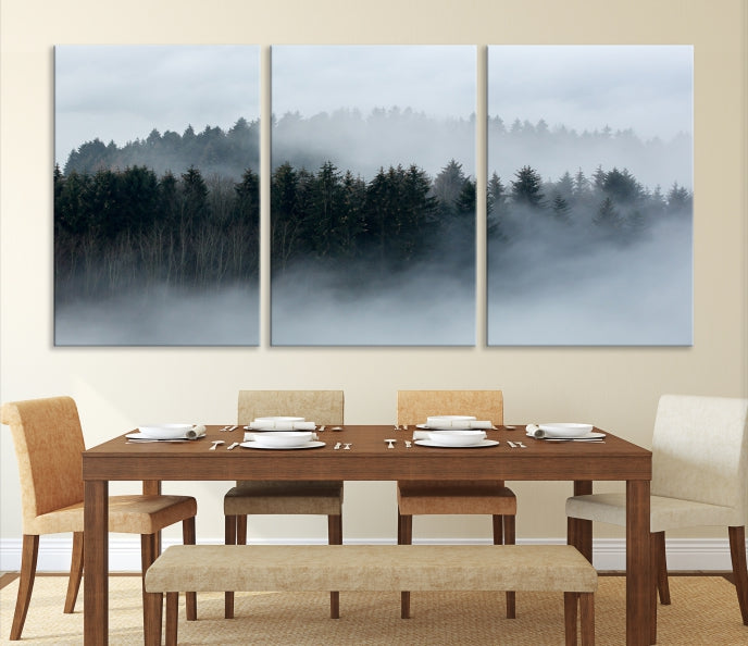 Autumn and Misty Trees in the Forest Wall Art Canvas Print, Foggy Forest Mountain Wall Art Canvas Print