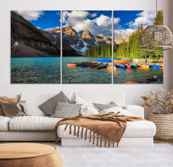 Canoës sur le lac Moraine, impression sur toile du lac Moraine, art mural du lac Moraine Canada