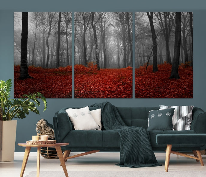 Dark Forest and Red Leaves Wall Art Canvas Print