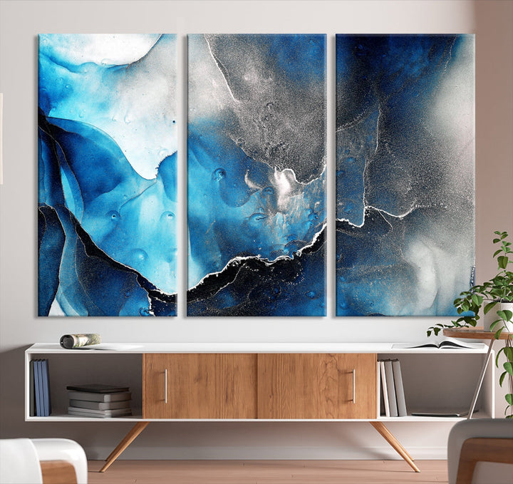 Arte de pared grande con efecto fluido de mármol azul y negro, lienzo abstracto moderno, impresión artística de pared