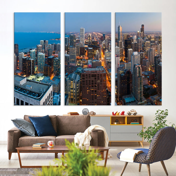 87313 - Lienzo decorativo con diseño de horizonte nocturno de Chicago, paisaje urbano, enmarcado, listo para colgar