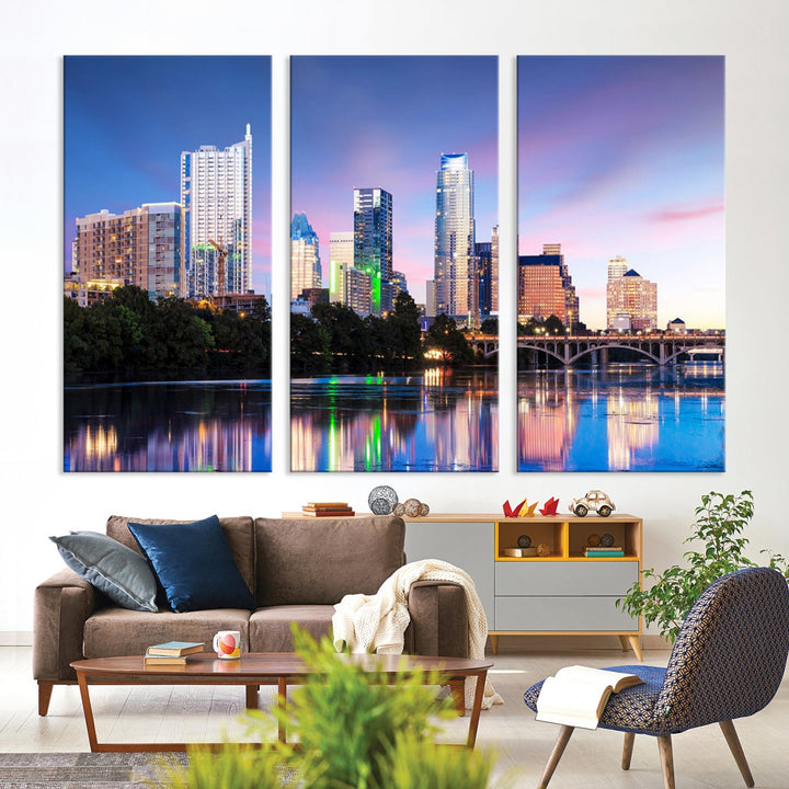 Austin City Lights Coucher de soleil bleu et violet Skyline Cityscape View Wall Art Impression sur toile
