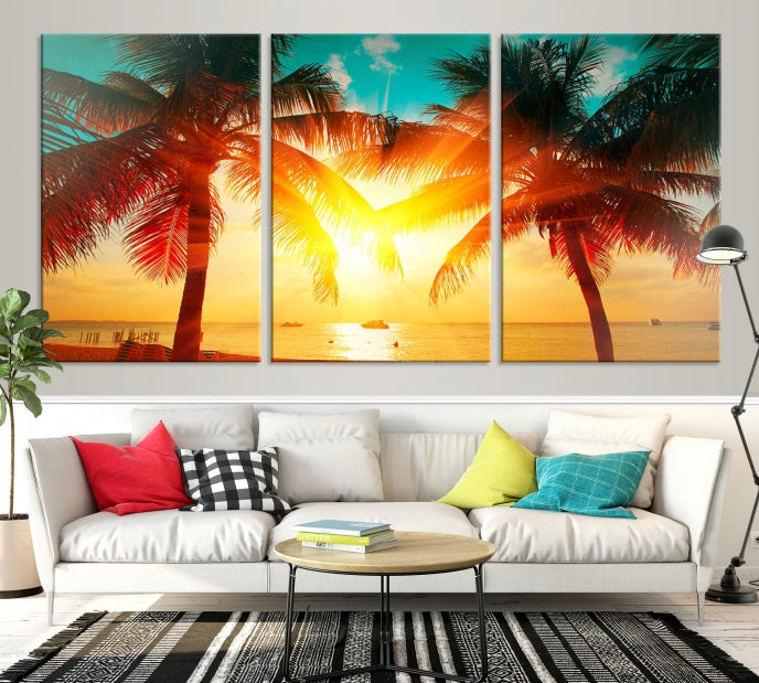 Lienzo decorativo para pared grande con palmeras y puesta de sol en la playa