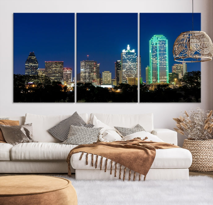 Impresión en lienzo de arte de pared grande con vista del paisaje urbano del horizonte azul nocturno de las luces de la ciudad de Dallas