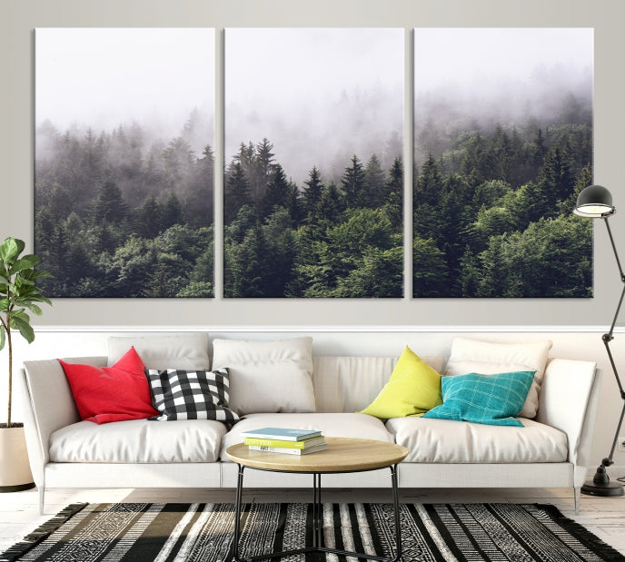 Impresión de arte de pared de lienzo grande de bosque brumoso y brumoso, impresión de lienzo de arte de pared de bosque nublado para decoración de sala de estar