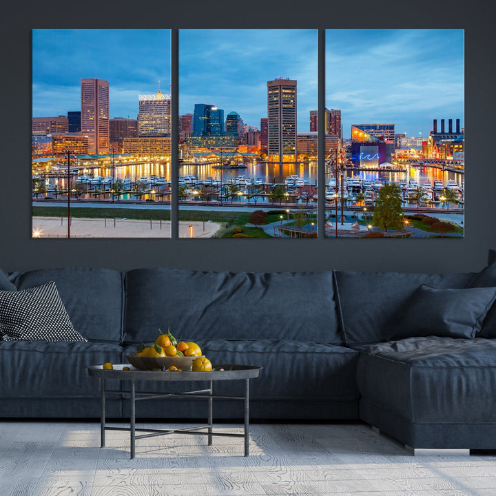 Baltimore City Lights Night Blue Cloudy Skyline Cityscape View Wall Art Canvas Print