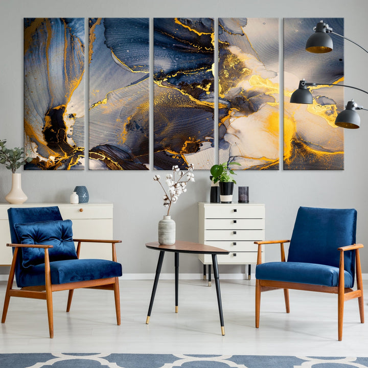 Arte de pared grande con efecto fluido de mármol azul marino, lienzo abstracto moderno, impresión artística de pared