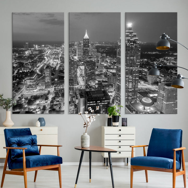 Atlanta City Skyline Art mural noir et blanc Paysage urbain Impression sur toile