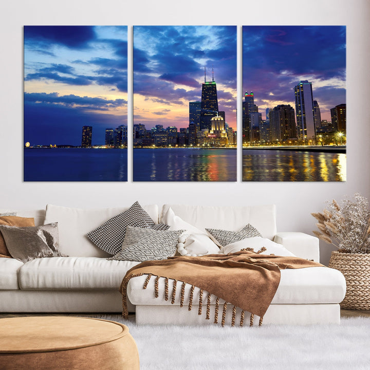 Chicago City Lights Nuit Nuageux Bleu Skyline Cityscape View Wall Art Impression sur toile