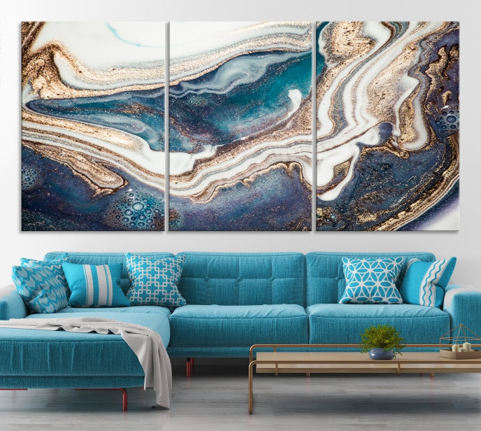 Arte de pared grande con efecto fluido de mármol azul, lienzo abstracto moderno, impresión artística de pared