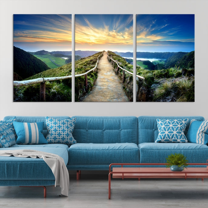 Emocionante camino hacia la puesta de sol, arte de pared grande, paisaje, impresión en lienzo