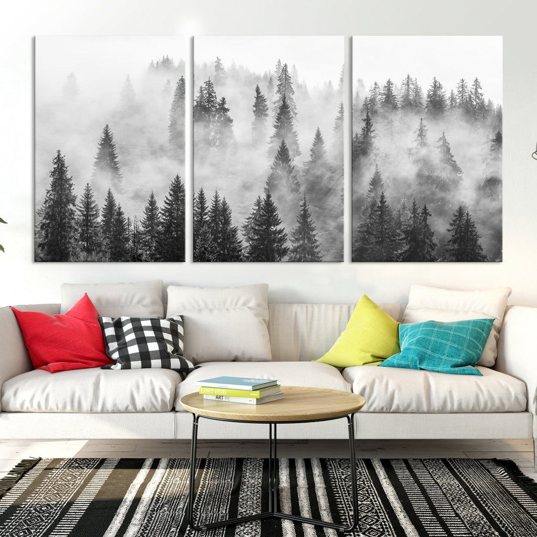 Impresión de lienzo de arte de pared grande de bosque brumoso, impresión de lienzo de arte de pared de árboles brumosos