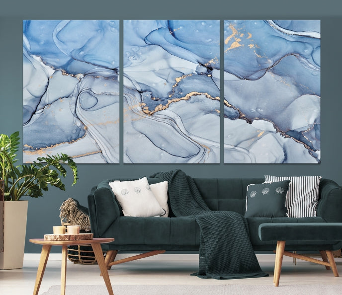 Arte de pared grande con efecto fluido de mármol azul hielo, lienzo abstracto moderno, impresión artística de pared