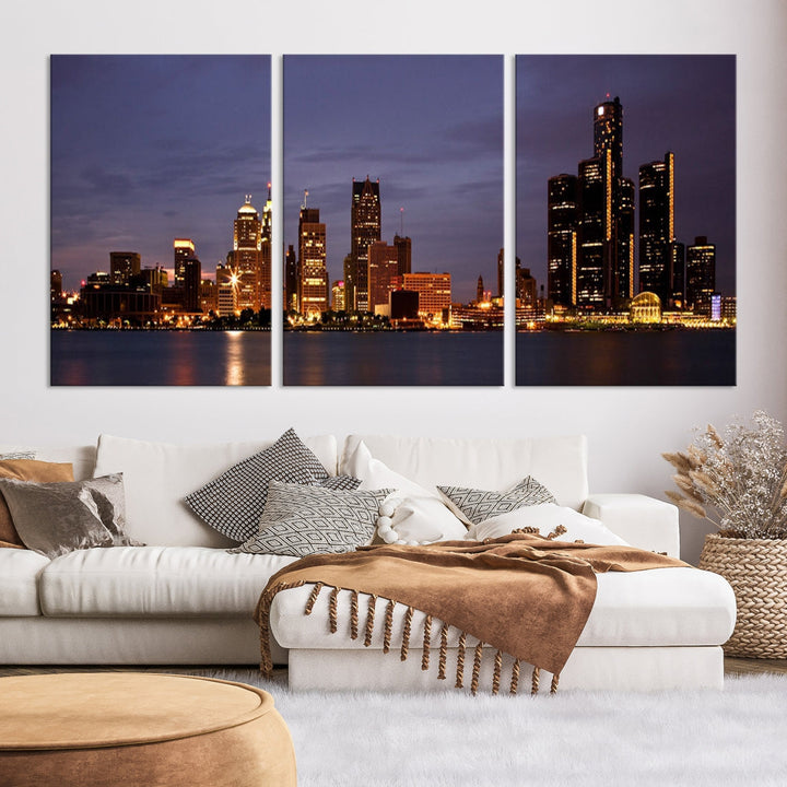 Detroit City Lights Night Cloudy Skyline Cityscape View Wall Art Canvas Print
