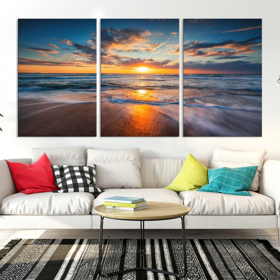 Hermosa puesta de sol sobre el horizonte, lienzo de playa, arte de pared, arte en lienzo del océano