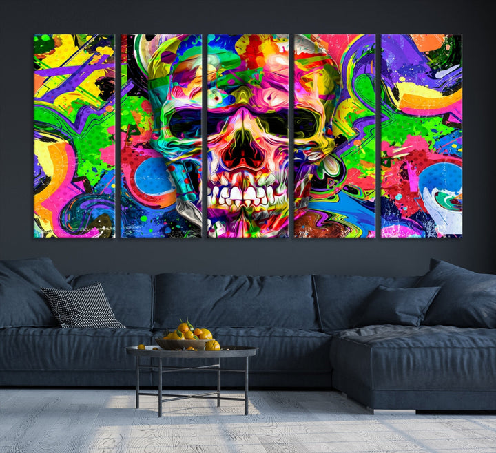 Toile de crâne coloré, peinture d'art mural psychédélique, Art fantastique, toile multi-panneaux