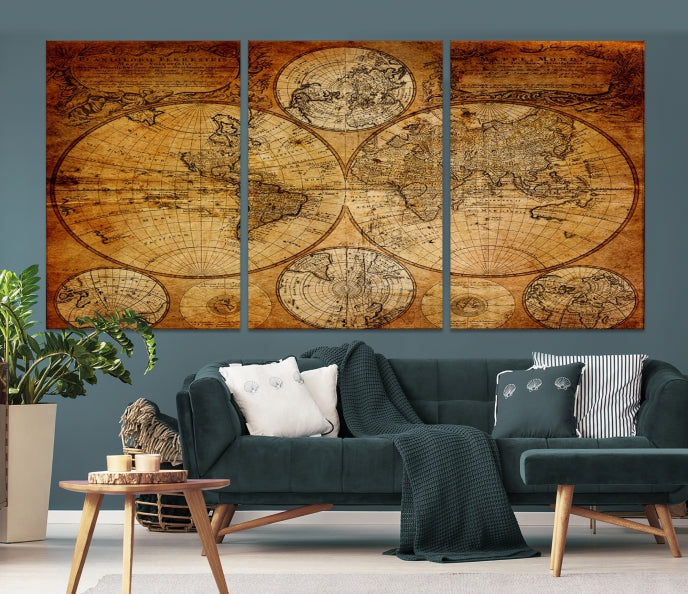 Vintage World Map with Two Hemisphere Wall Art Canvas Print