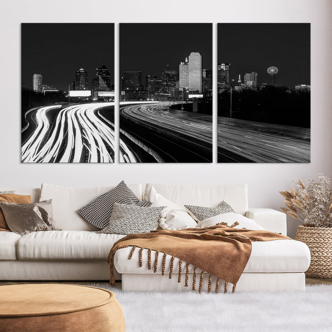 Dallas City Street Lights Skyline Art mural noir et blanc Paysage urbain Impression sur toile