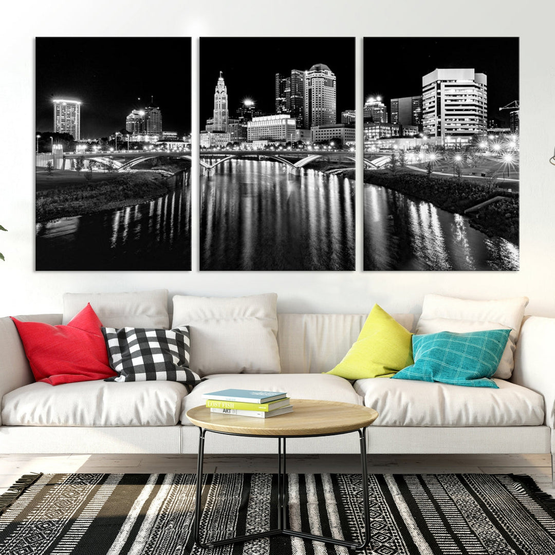 Columbus City Lights Skyline Black and White Wall Art Cityscape Canvas Print