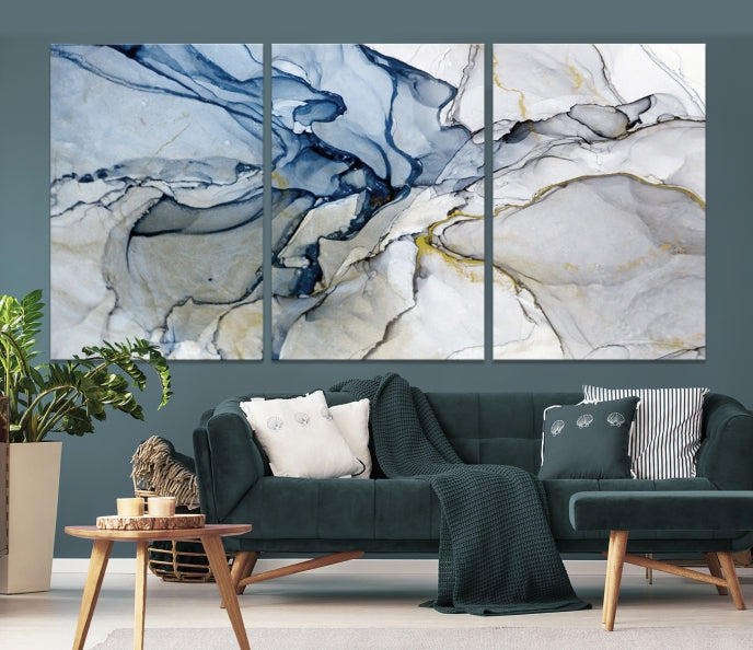 Blue and Gray Marble Fluid Effect Wall Art Abstract Canvas Wall Art Print