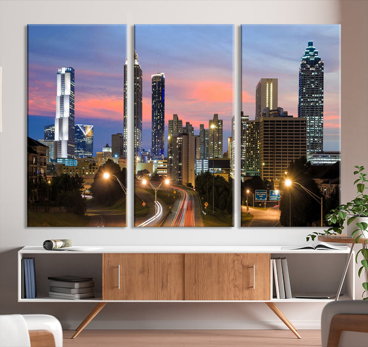 Arte de pared grande con vista del paisaje urbano del horizonte de las luces de la ciudad de Atlanta Impresión en lienzo