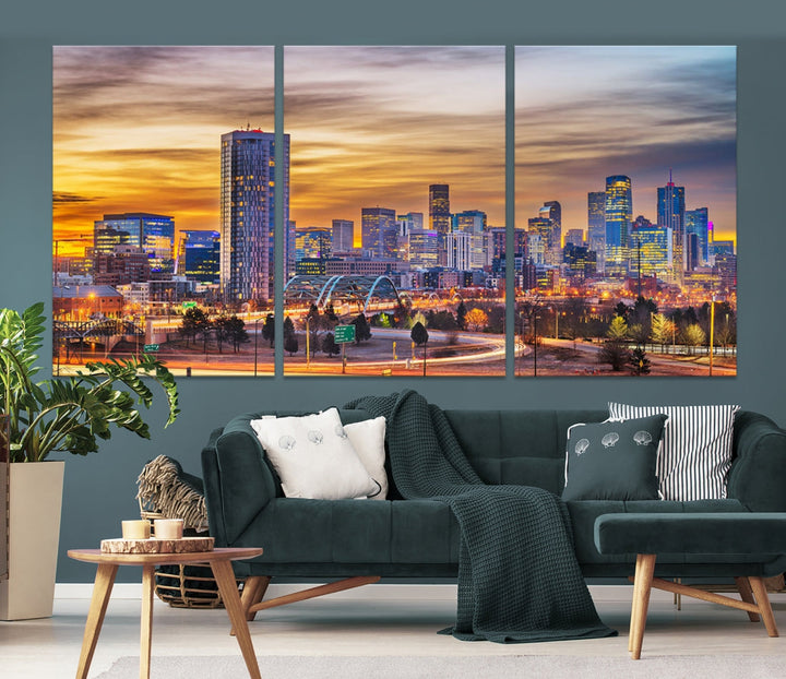 Denver City Lights Coucher de soleil Orange Nuageux Skyline Paysage urbain Vue Art mural Impression sur toile