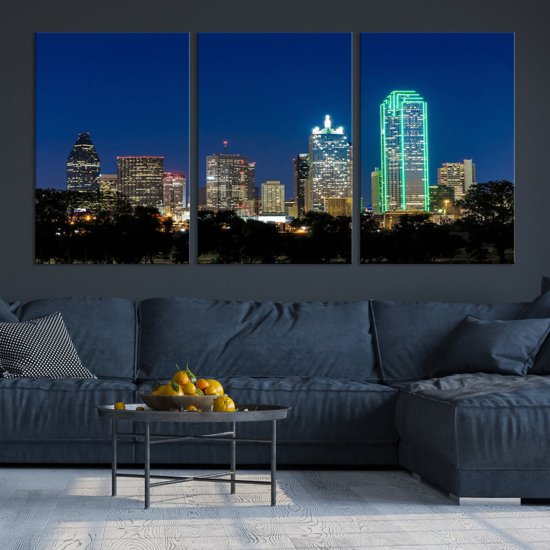 Dallas City Night Blue Skyline Cityscape View Wall Art Canvas Print