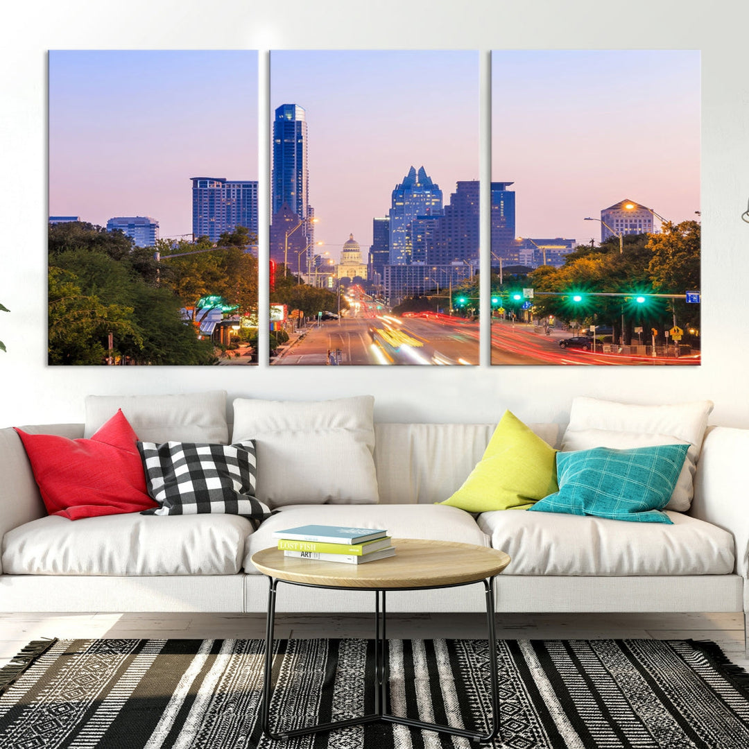 Austin City Lights Coucher de soleil Violet Skyline Paysage urbain Vue Art mural Impression sur toile