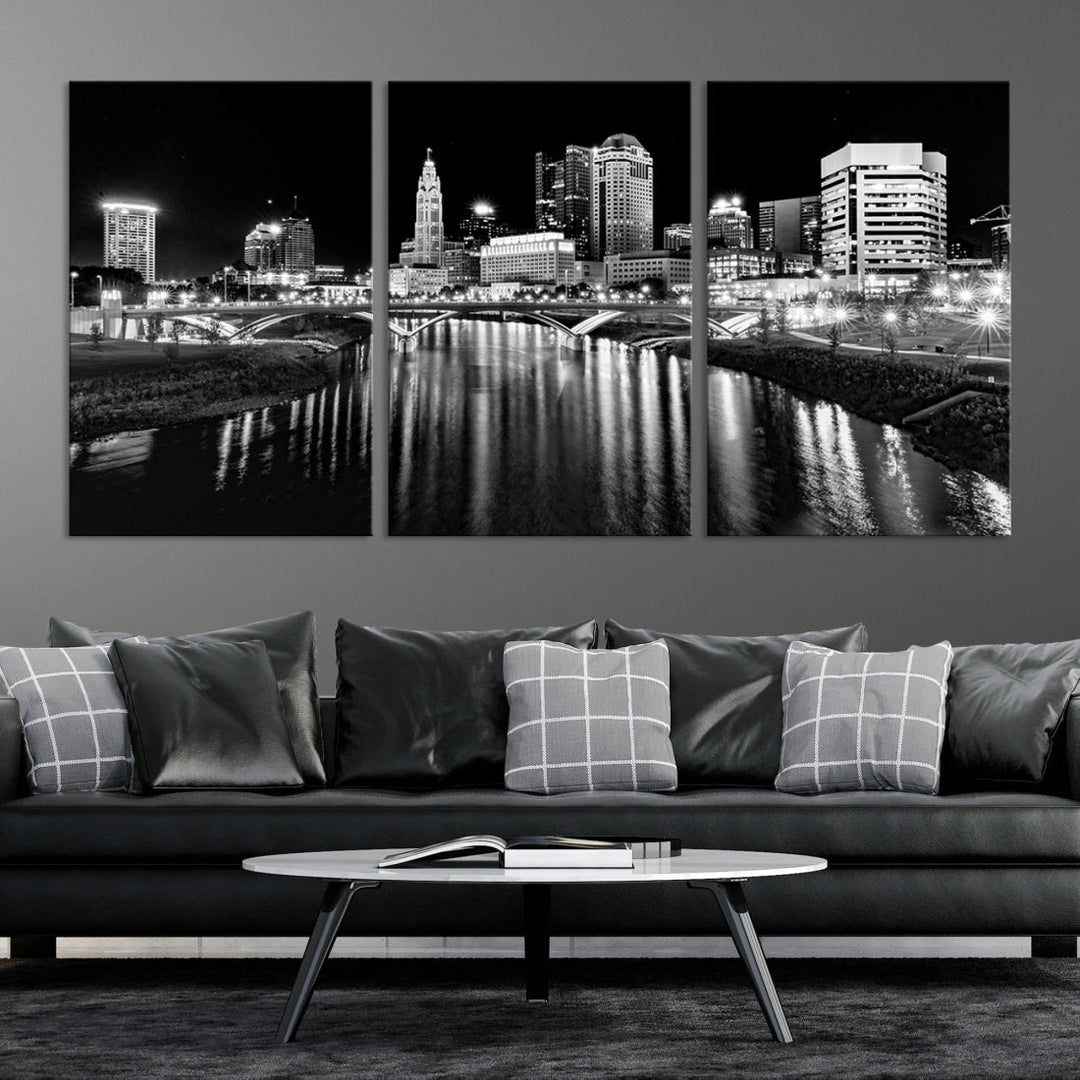 Columbus City Lights Skyline Black and White Wall Art Cityscape Canvas Print