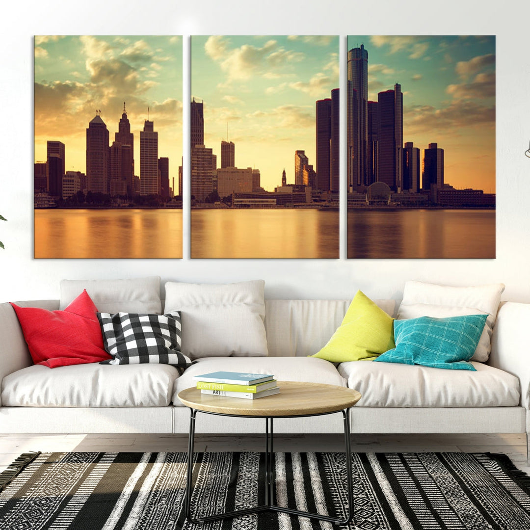 Detroit City Sunset Cloudy Skyline Cityscape View Art mural Impression sur toile