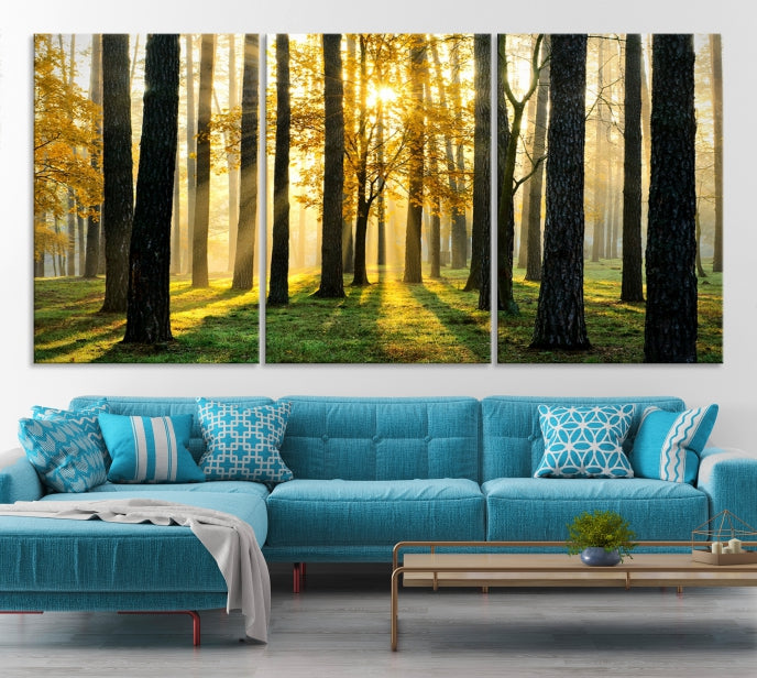 Lienzo decorativo para pared con diseño de árboles forestales y sol