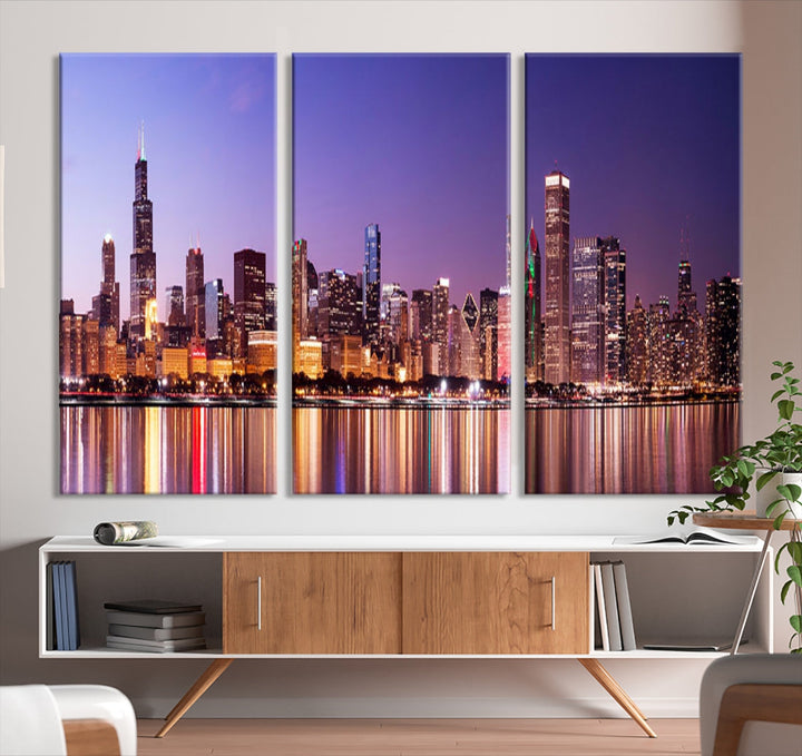 Chicago City Lights Night Purple Skyline Cityscape View Wall Art Canvas Print
