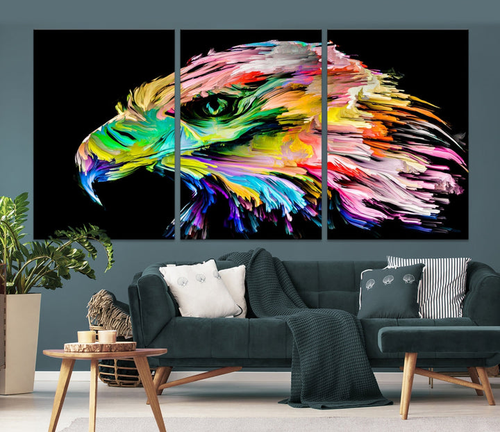 Pintura en lienzo con diseño de águila arcoíris, arte de pared grande, arte animal arcoíris, naturaleza, impresión abstracta, arte de sala de estar, dormitorio, enmarcado, listo para colgar, lienzo de águila, decoración del hogar, regalo de graduación