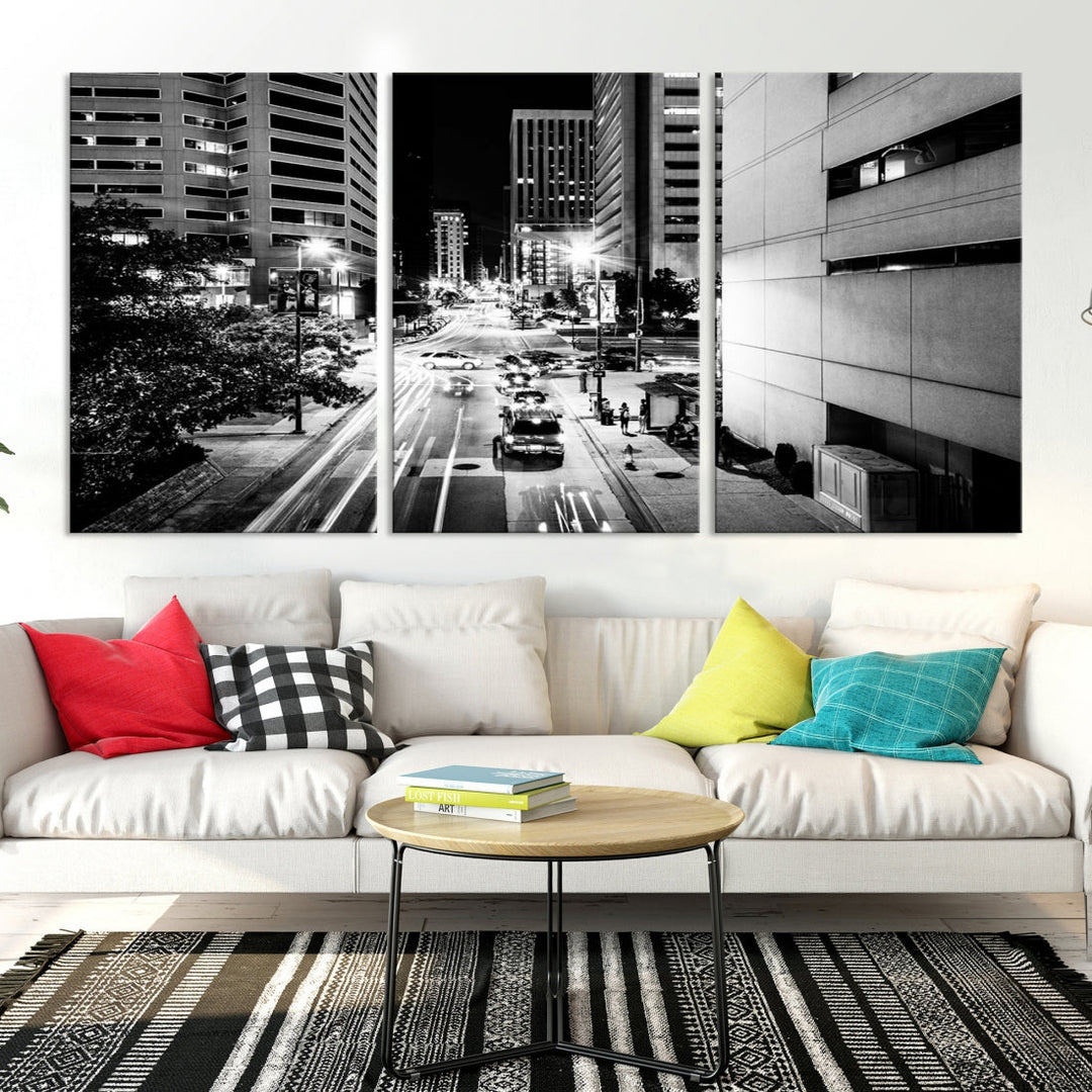 Baltimore City Lights Streetview Black and White Wall Art Cityscape Canvas Print