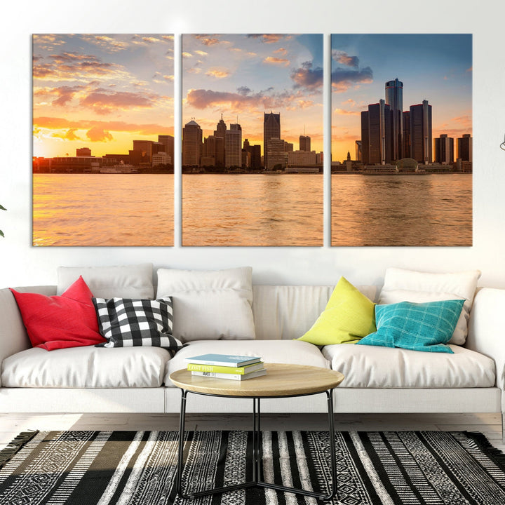Detroit City Lights Sunrise Cloudy Skyline Cityscape View Wall Art Canvas Print