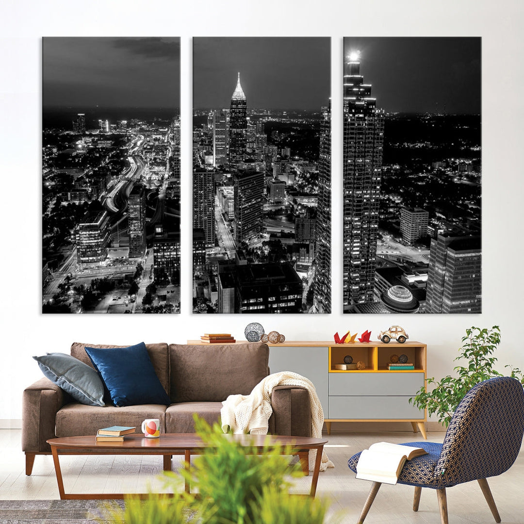 Atlanta City Lights Skyline Black and White Wall Art Cityscape Canvas Print