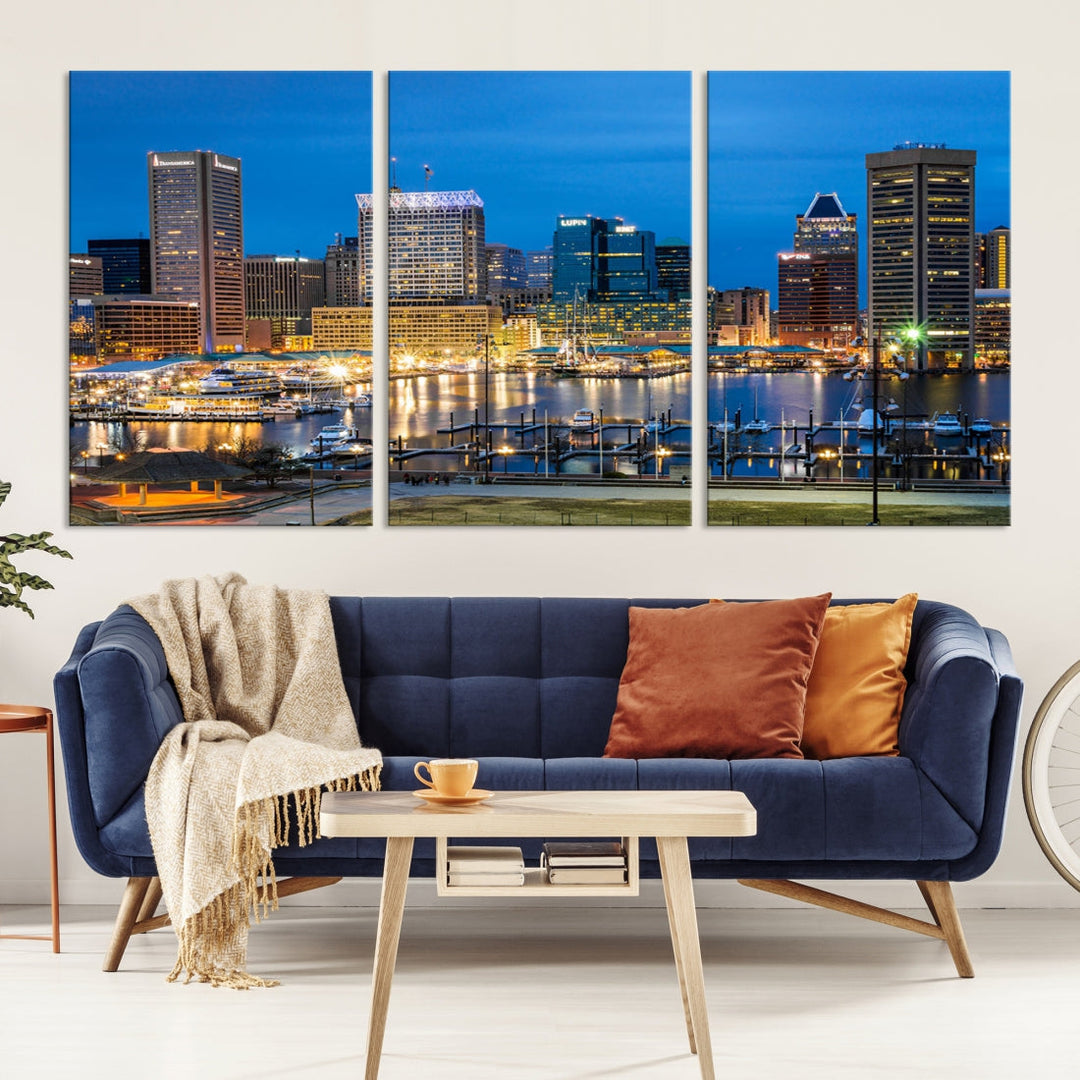 Lienzo decorativo para pared con vista del paisaje urbano del horizonte azul nocturno de las luces de la ciudad de Baltimore