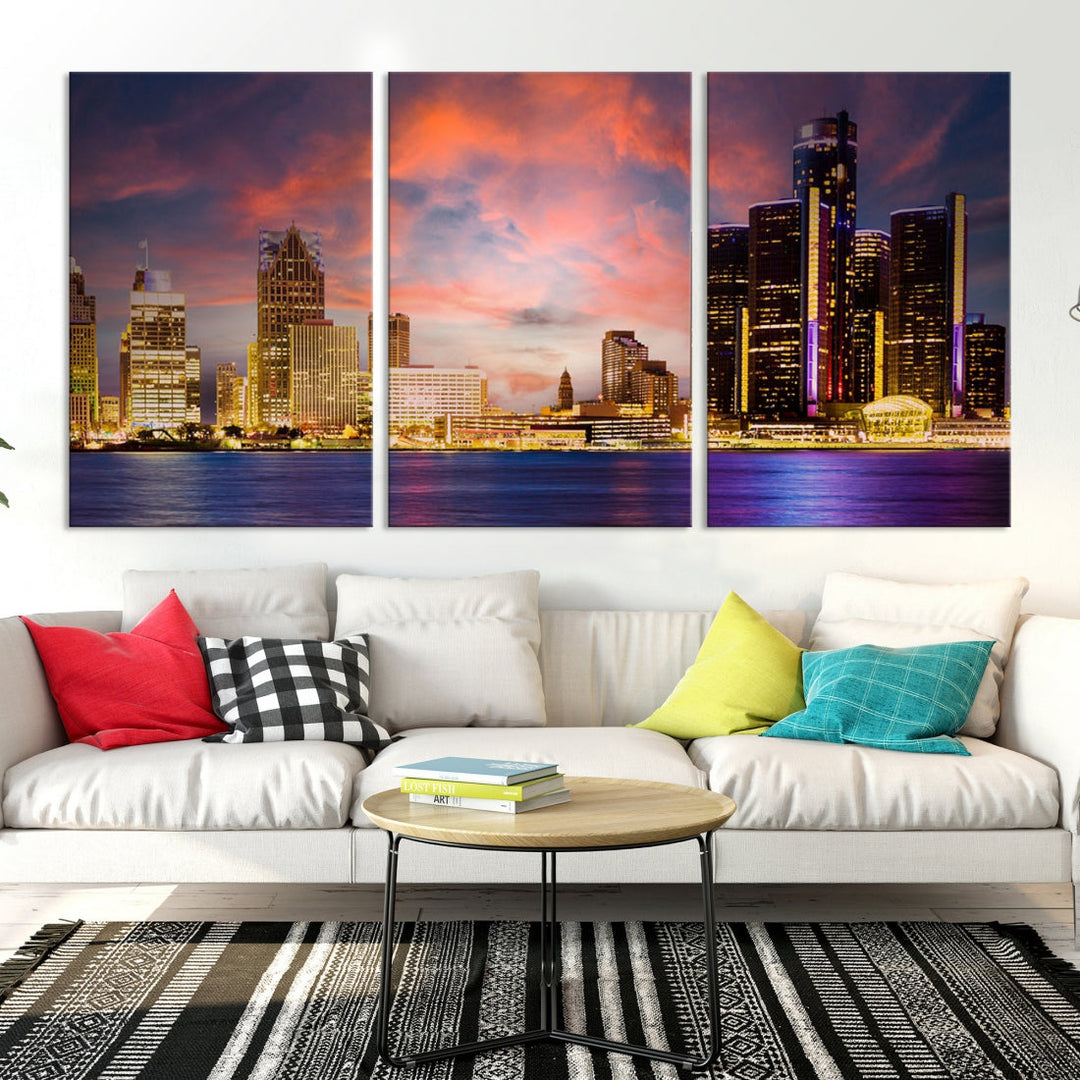 Detroit City Lights Sunset Red Cloudy Skyline Cityscape View Wall Art Canvas Print