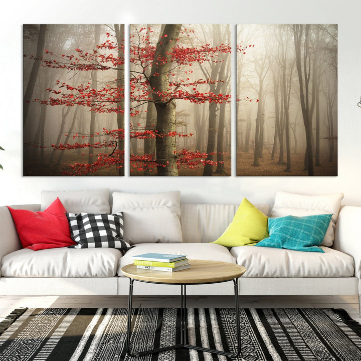 Lienzo decorativo para pared con hojas de árboles del bosque rojo